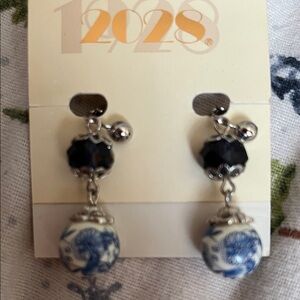 1•2•3 Blue & Black Porcelain Drop Earrings- Clip On